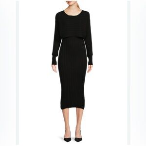 NWT Stitchdrop Black Ribbed Long Sleeve Midi‎ Dress Size 1X Chic Minimalist